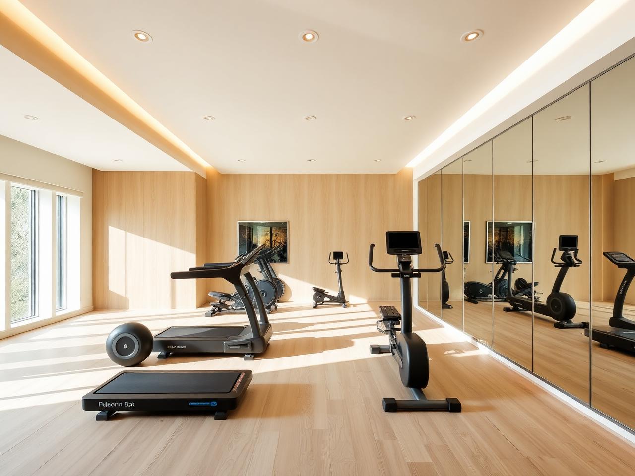 Home gym with wall mirrors