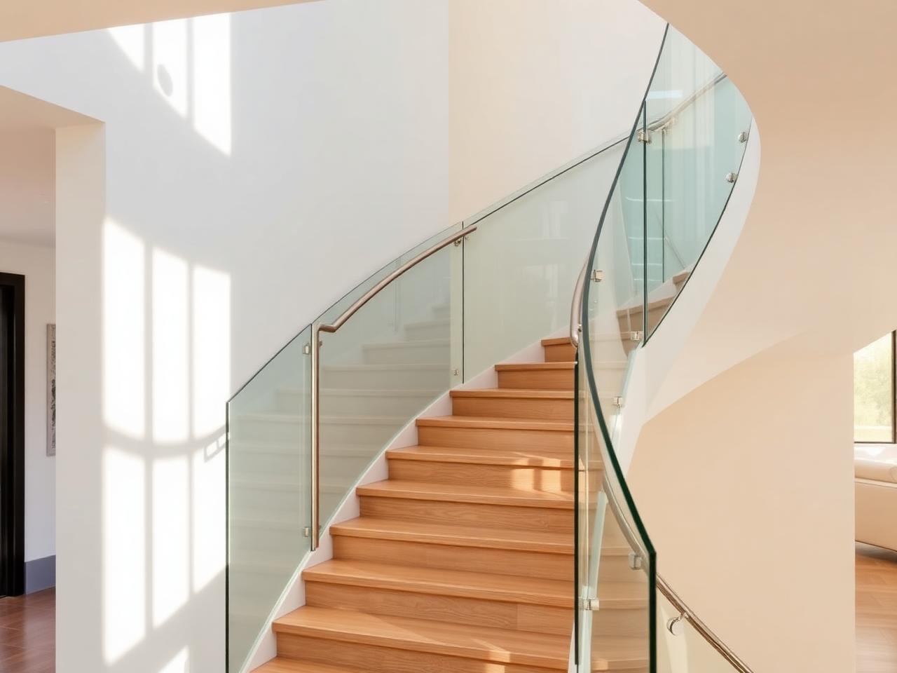 Glass railing on a curved staircase